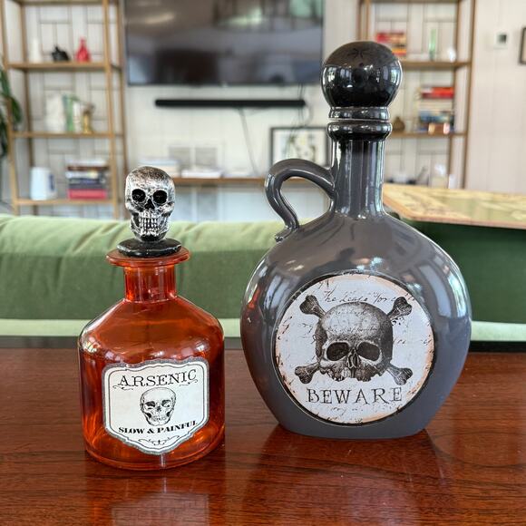 Pair of Spooky Halloween Decor Bottles with Skulls - Picture 1 of 5